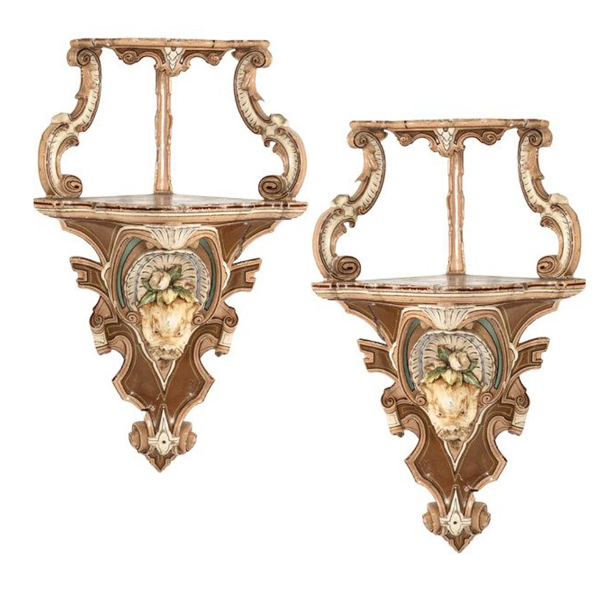 Pair of Monumental 18th century Rococo Multi-tier Corner Wall Brackets with Mascarons