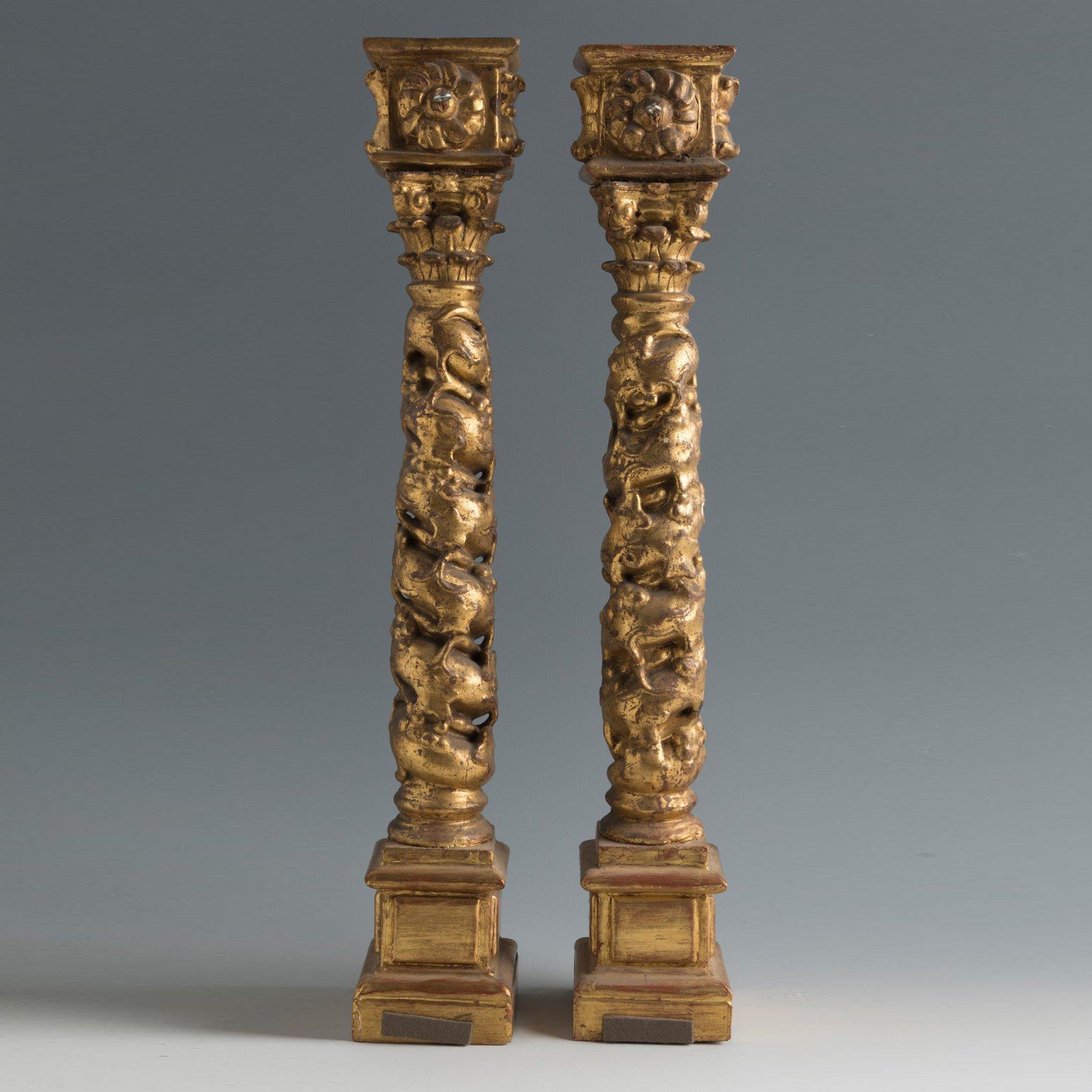 Pair of Giltwood Antique Solomonic Spanish Baroque Columns