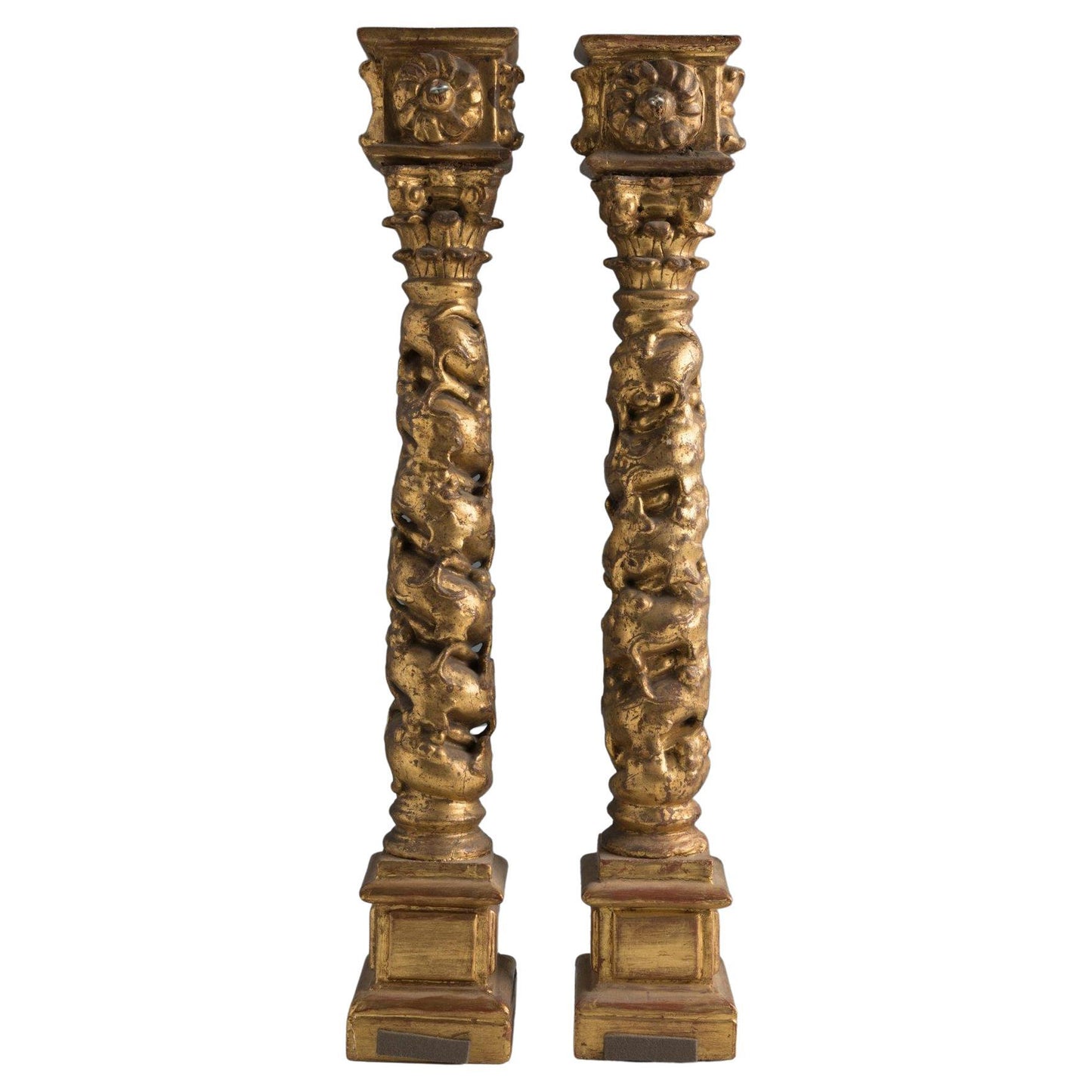 Pair of Giltwood Antique Solomonic Spanish Baroque Columns