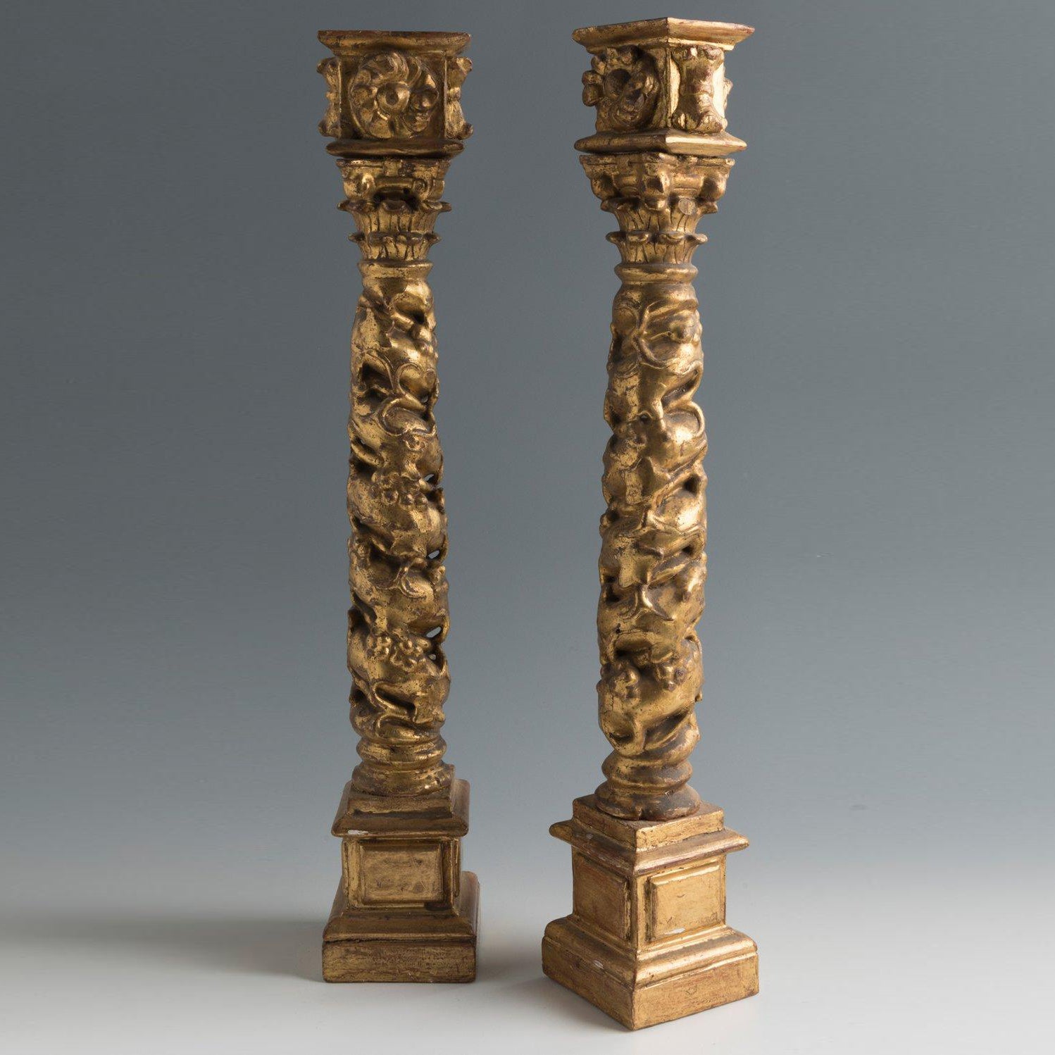 Pair of Giltwood Antique Solomonic Spanish Baroque Columns