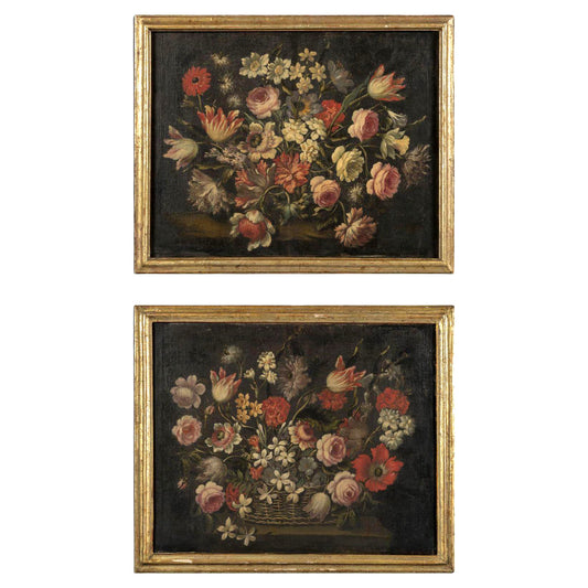 A Beautifully Aged Pair of 17th century Baroque Italian Floral Still Life Paintings