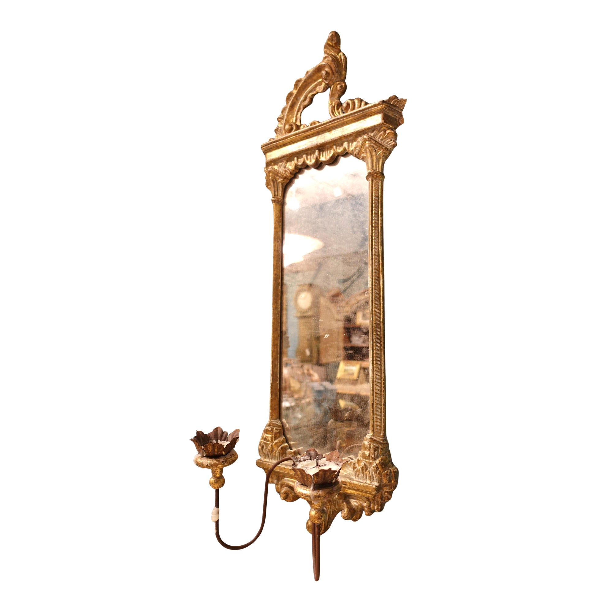 Find a Pair of late Baroque Rococo Giltwood Mirrored Two-Candle Wall Sconces