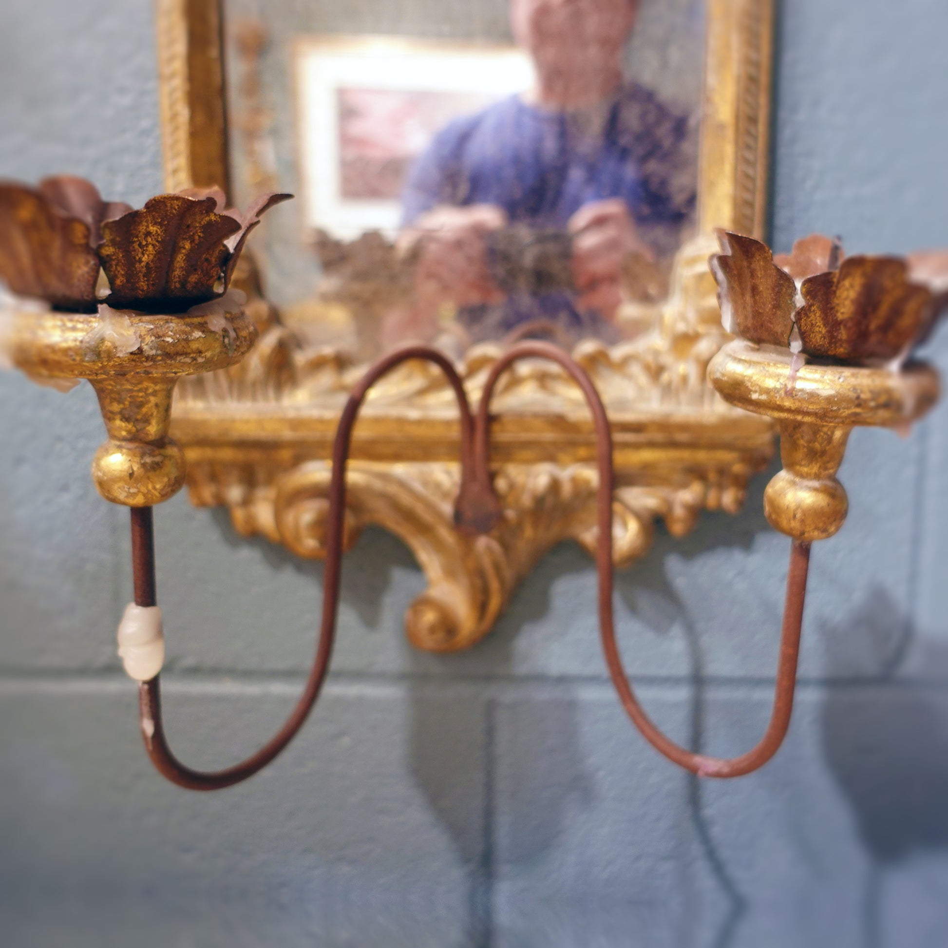 Find a Pair of late Baroque Rococo Giltwood Mirrored Two-Candle Wall Sconces