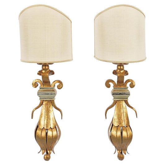 Pair of Fine Decorative Gilt and Lacquered Distinctive European Metal Wall Sconces with Shades