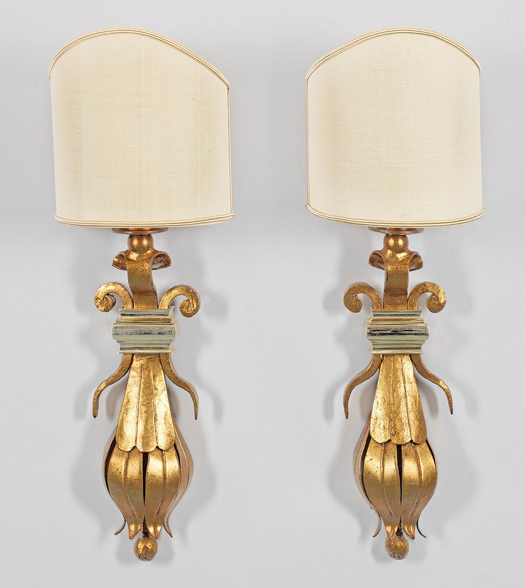 Pair of Fine Decorative Gilt and Lacquered Distinctive European Metal Wall Sconces with Shades