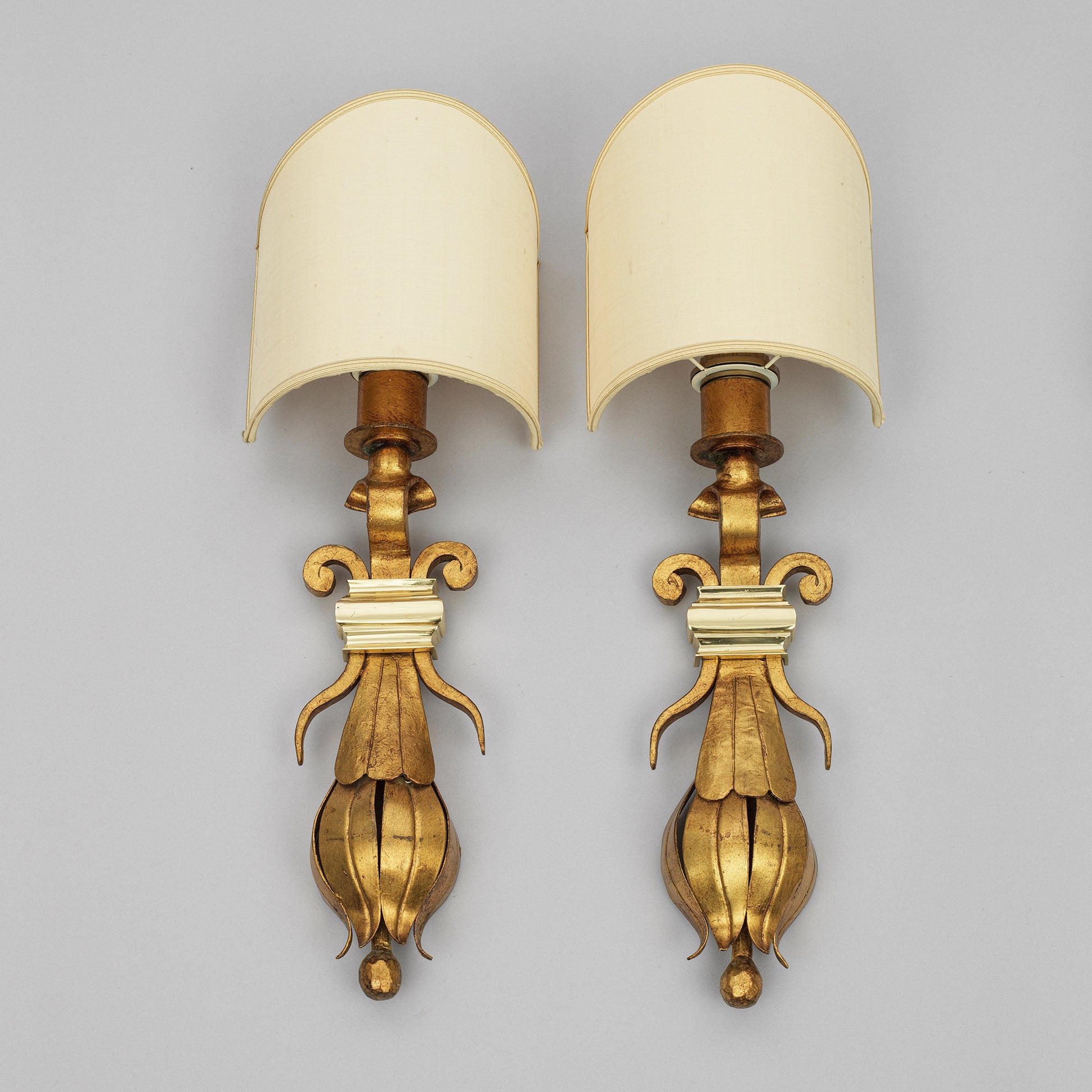 Pair of Fine Decorative Gilt and Lacquered Distinctive European Metal Wall Sconces with Shades