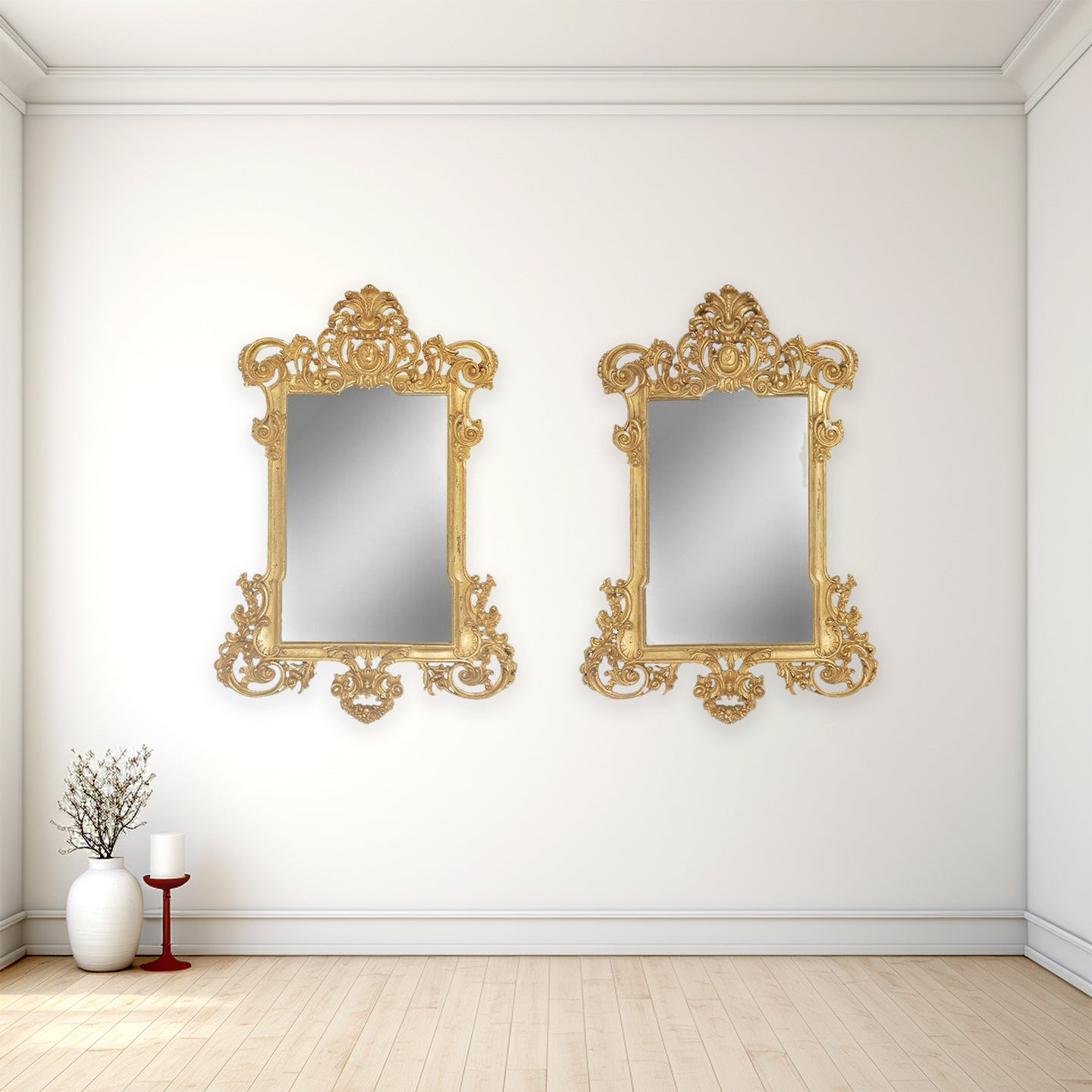 Pair of large contemporary giltwood mirrors in antique Louis XV style