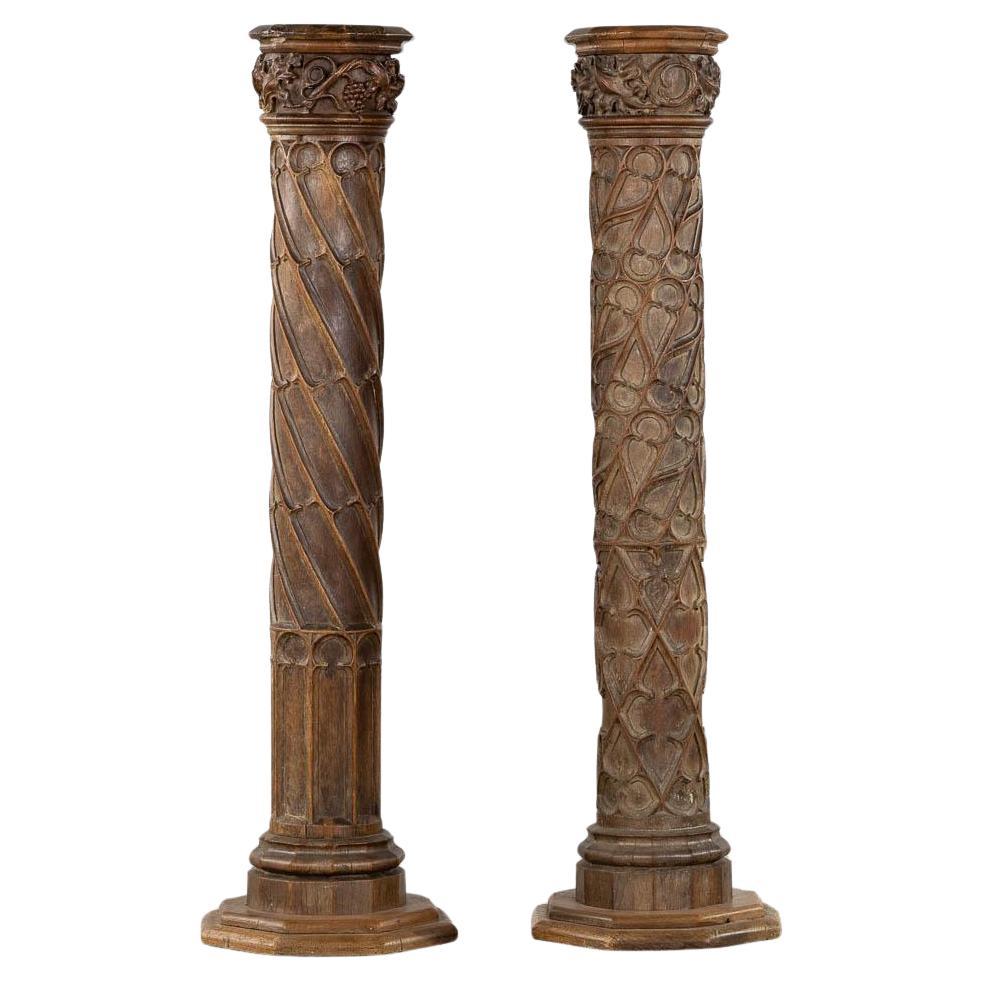 Pair of Antique Wood Carved Gothic Revival Architectural Columns