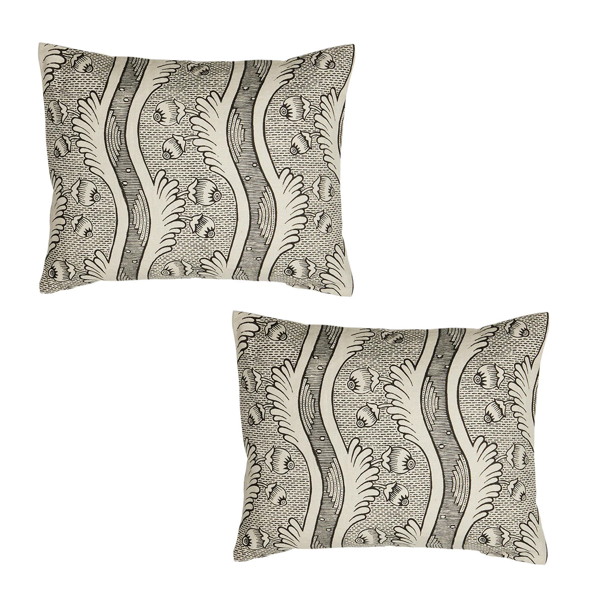 Two decorative pillows with a black and white pattern on a white background