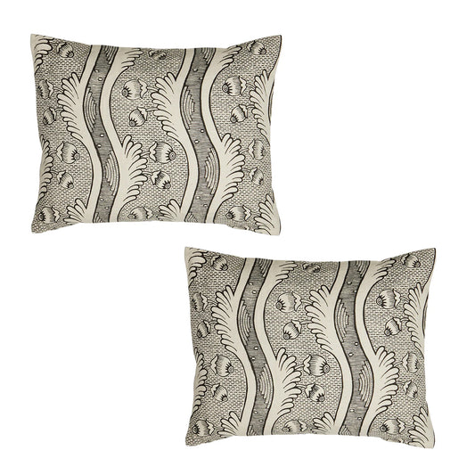 Two decorative pillows with a black and white pattern on a white background