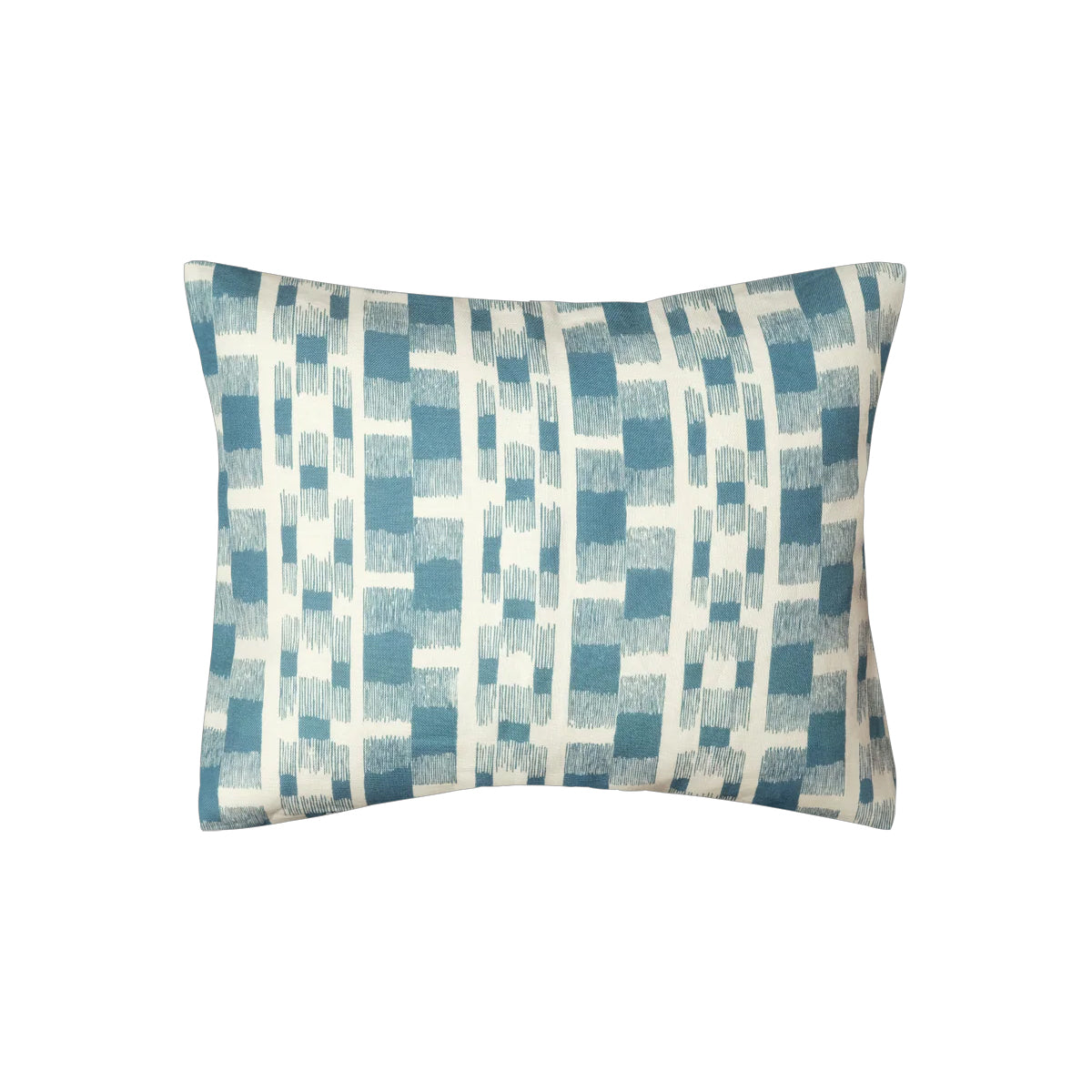 Decorative pillow with blue and white checkered pattern on a white background