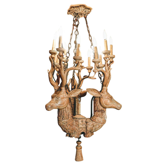 Unique Hand-Carved Custom Swedish Whitewashed Wooden Lodge Chandelier