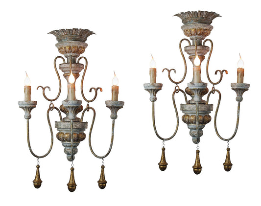 Provence Home - Set of 2 - Hand Carved Wood Sconce Lights with Distressed Antique Blue/Gold Finish and 3 Antiqued Gold Metal Arms with gold carved wood Drops - ZH007-BG