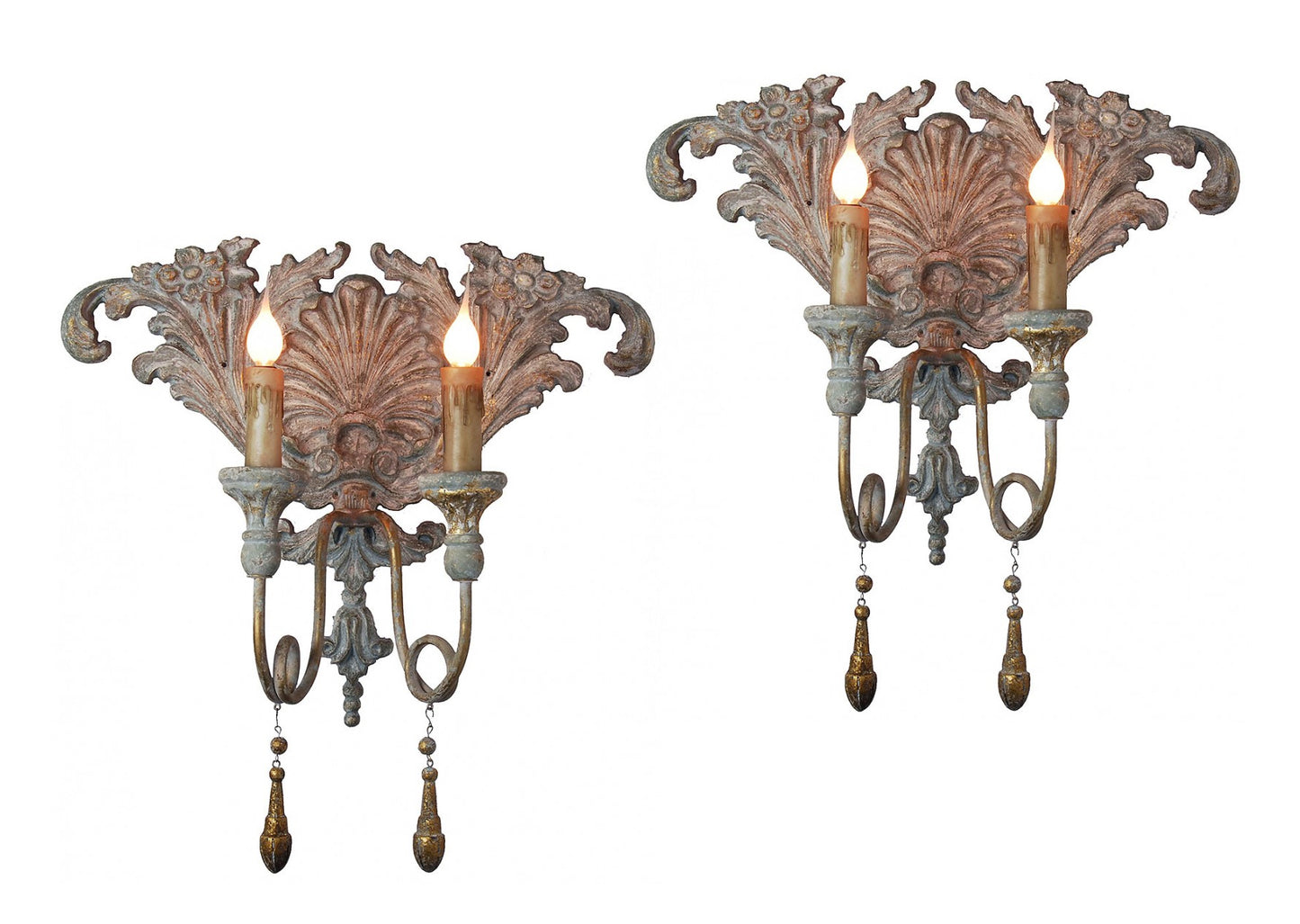 Provence Home - Set of 2 - Hand Carved Wood Sconce Lights with Distressed Antique Blue/Gold Finish, 2 Antique Gold Metal Arms and Carved Wood Decorative Drops - ZH011-BG